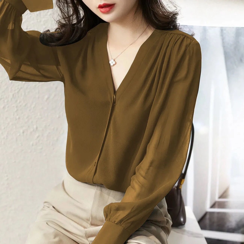 Áo Sơ Mi chiffon Dài Tay Cổ Chữ v Phong Cách Pháp Thời Trang Xuân Thu Mới Cho Nữ