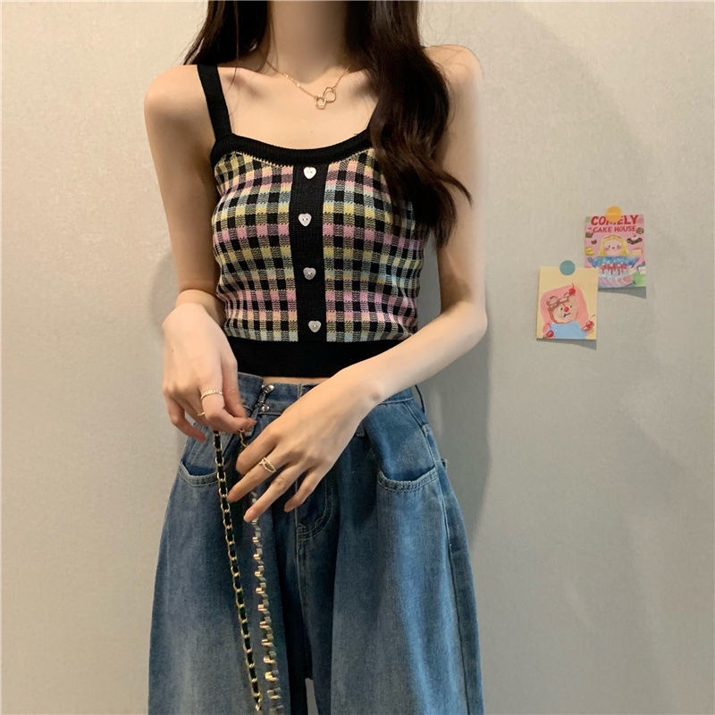 Áo Hai Dây Dệt Kim Kẻ Sọc Caro Xinh Xắn Cho Nữ