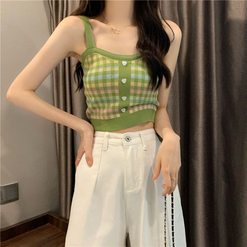 Áo Hai Dây Dệt Kim Kẻ Sọc Caro Xinh Xắn Cho Nữ