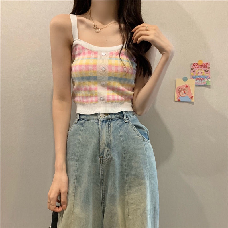 Áo Hai Dây Dệt Kim Kẻ Sọc Caro Xinh Xắn Cho Nữ