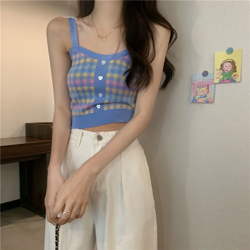 Áo Hai Dây Dệt Kim Kẻ Sọc Caro Xinh Xắn Cho Nữ