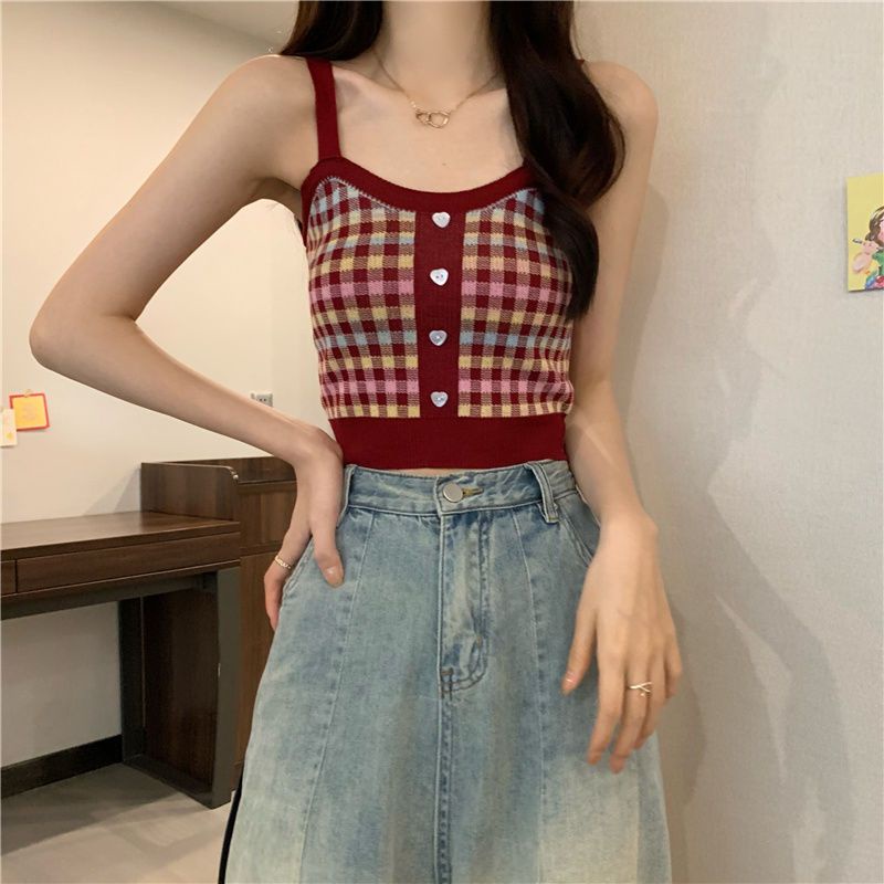 Áo Hai Dây Dệt Kim Kẻ Sọc Caro Xinh Xắn Cho Nữ