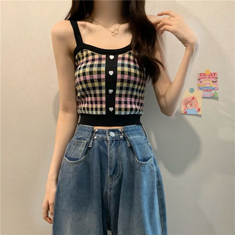 Áo Hai Dây Dệt Kim Kẻ Sọc Caro Xinh Xắn Cho Nữ