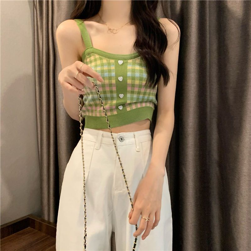 Áo Hai Dây Dệt Kim Kẻ Sọc Caro Xinh Xắn Cho Nữ