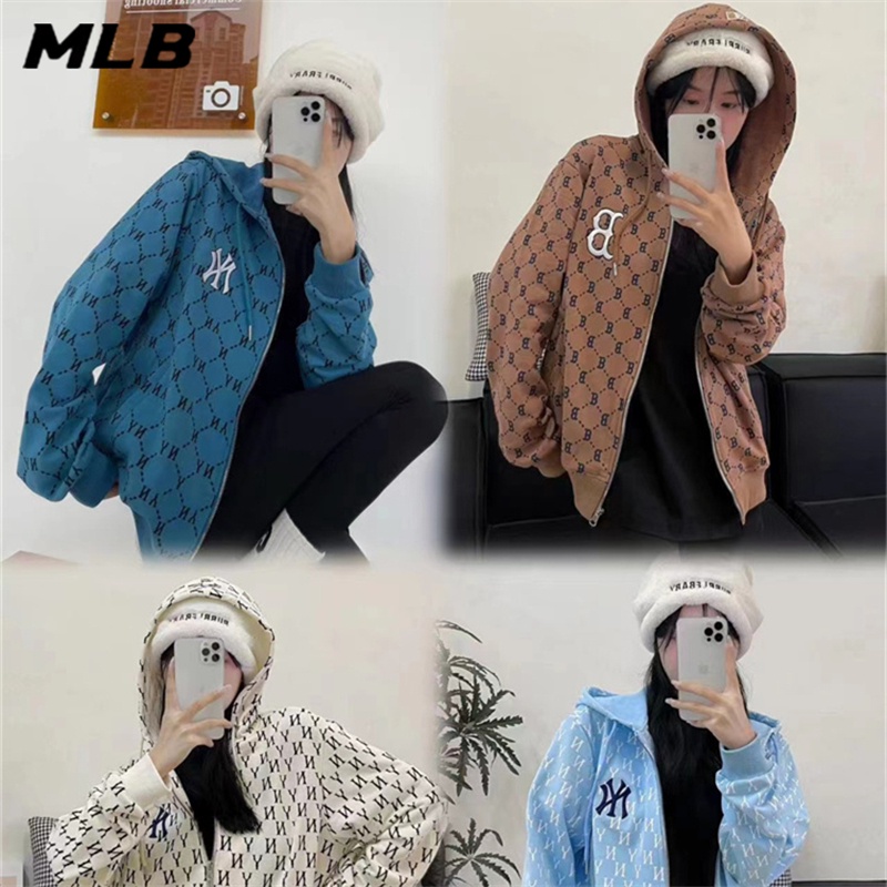 Áo Khoác bomber Dệt Kim In logo mlb ny 100% cotton Có Khóa Kéo Thời Trang Cho Nam Và Nữ