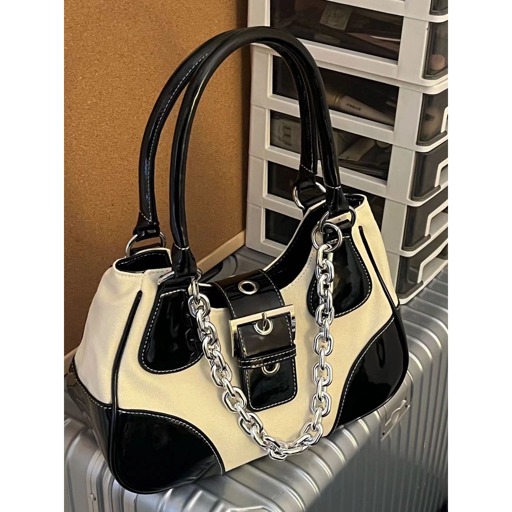 Túi Xách Đeo Vai Vải canvas Phối Dây Xích Bằng Da Bóng Sang Trọng Cho Nữ