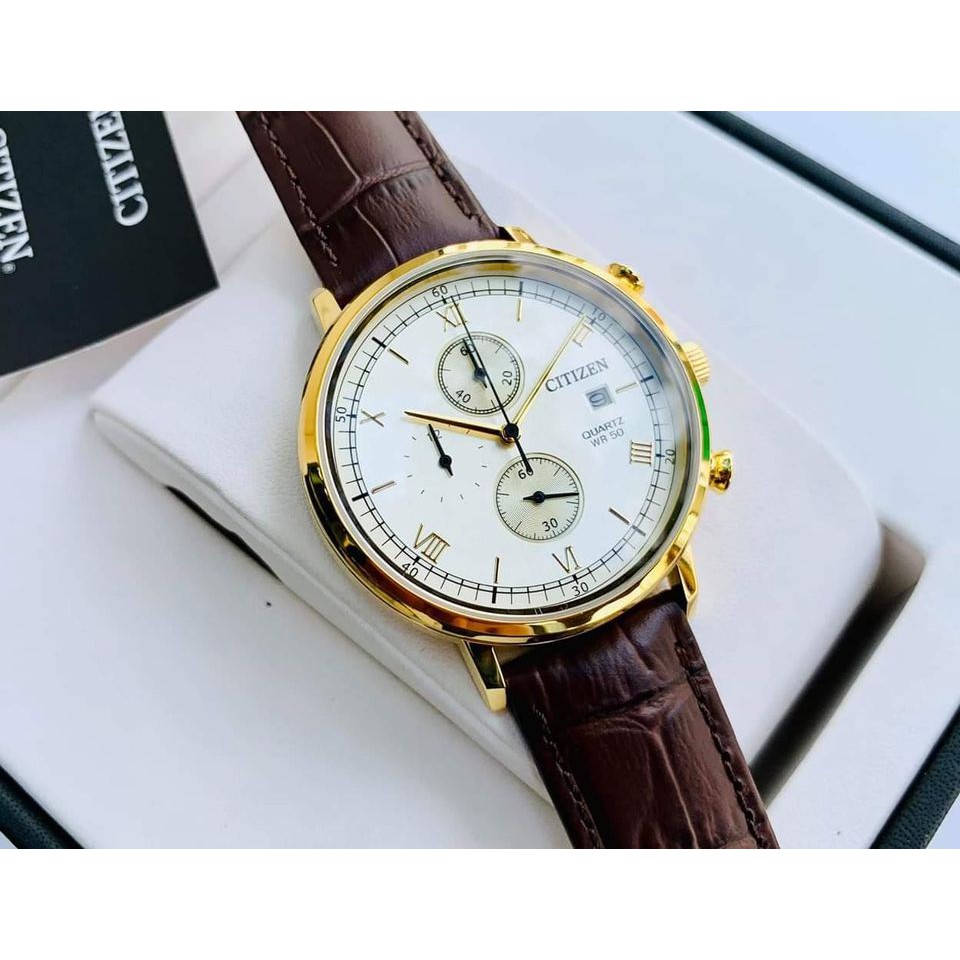 Đồng hồ Nam Citizen AN3612-09P Mặt vàng, dây da, kính cứng - Máy pin mipecclock