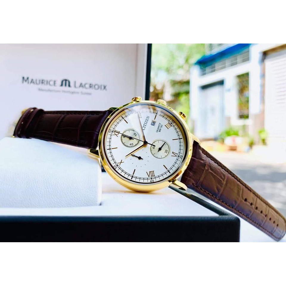Đồng hồ Nam Citizen AN3612-09P Mặt vàng, dây da, kính cứng - Máy pin mipecclock