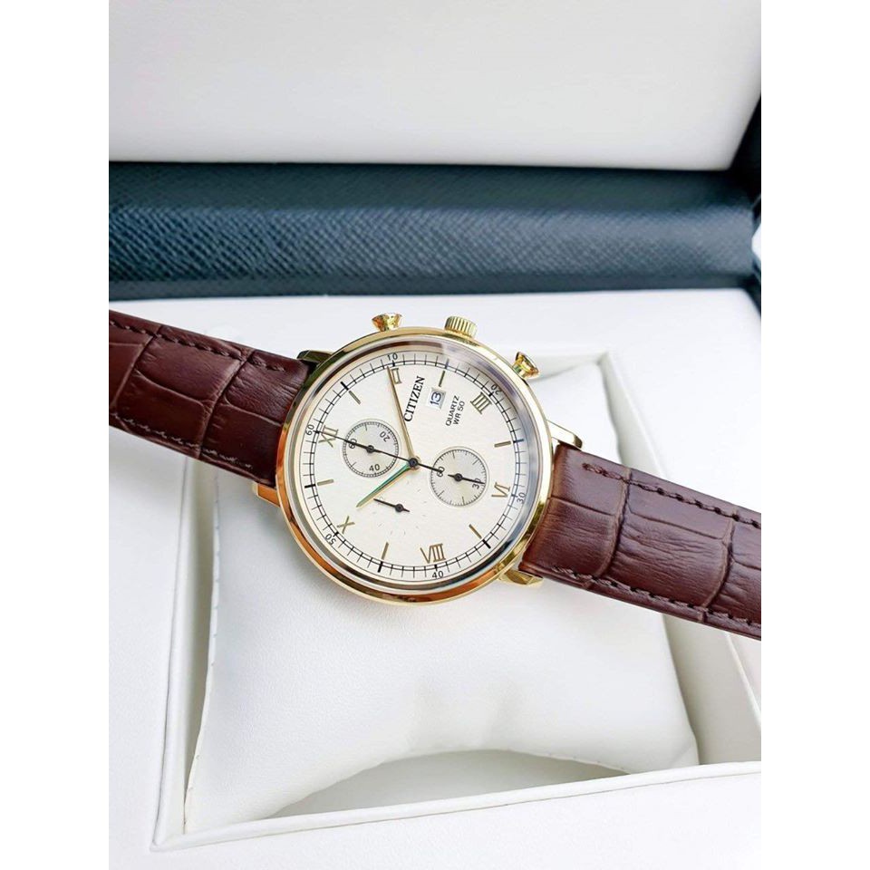 Đồng hồ Nam Citizen AN3612-09P Mặt vàng, dây da, kính cứng - Máy pin mipecclock
