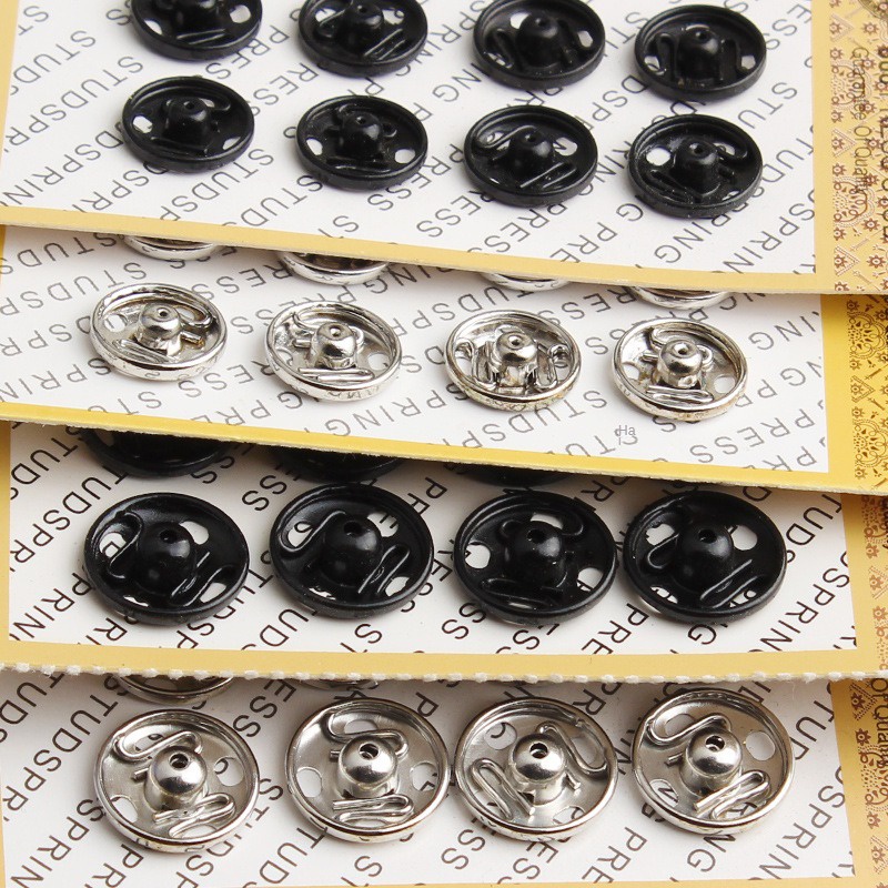 Vỉ 12 nút bóp, khuy bấm bạc - đen 10mm bằng kim loại