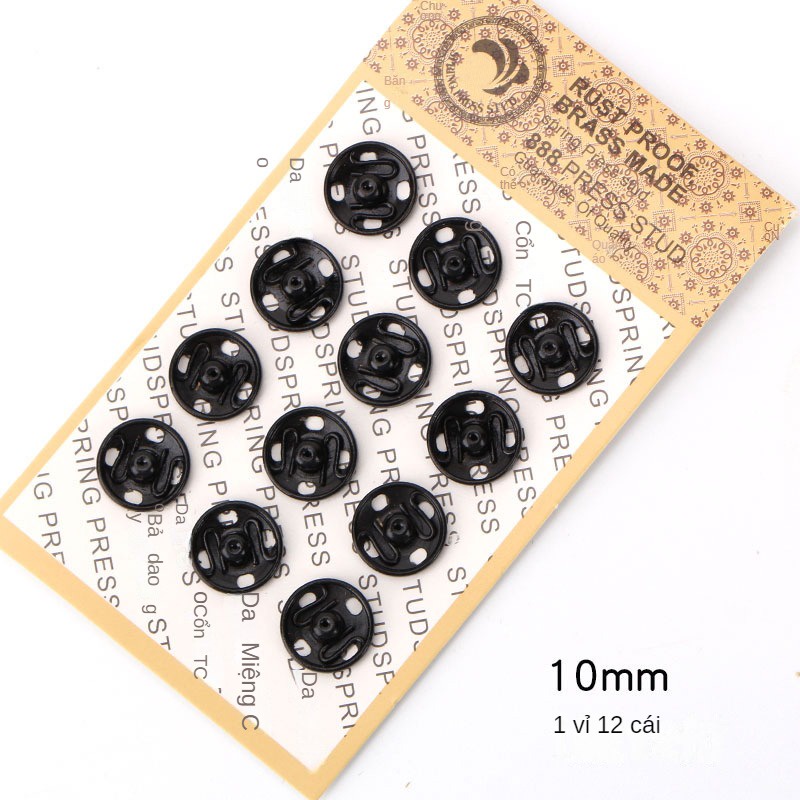 Vỉ 12 nút bóp, khuy bấm bạc - đen 10mm bằng kim loại
