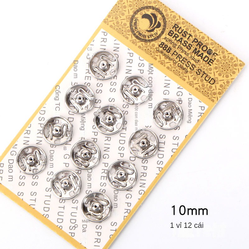 Vỉ 12 nút bóp, khuy bấm bạc - đen 10mm bằng kim loại