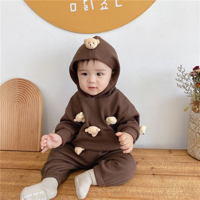 Bộ Đồ Hai Mảnh Áo Hoodie Tay Dài Màu Trơn In Hình Gấu Dễ Thương Phong Cách Hàn Quốc Thời Trang Mùa Thu Cho Bé Trai / Gái