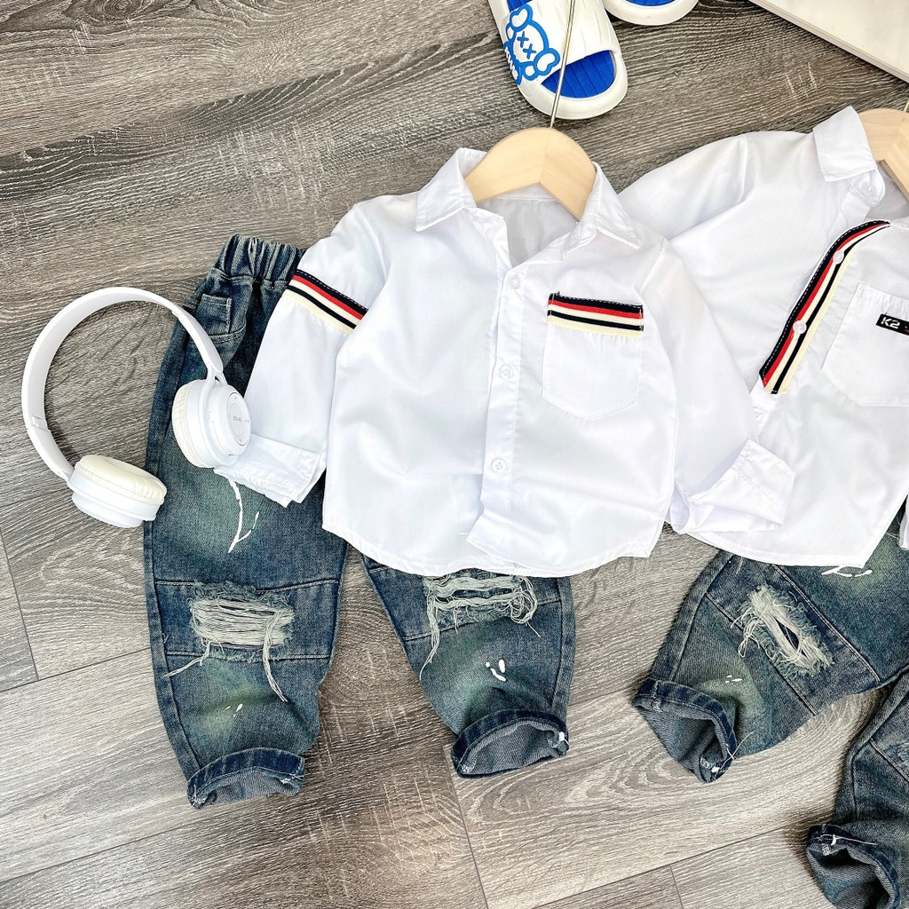 Bộ quần áo sơmi trắng quần jean rách cho bé 8-27kg