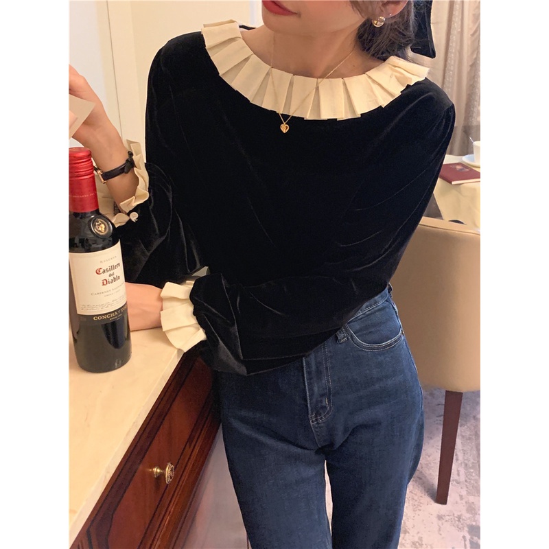 SUXI Áo Sơ Mi Tay Dài Dáng Rộng Vải Nhung Kiểu retro Hàn Quốc Thời Trang Cho Bạn Gái