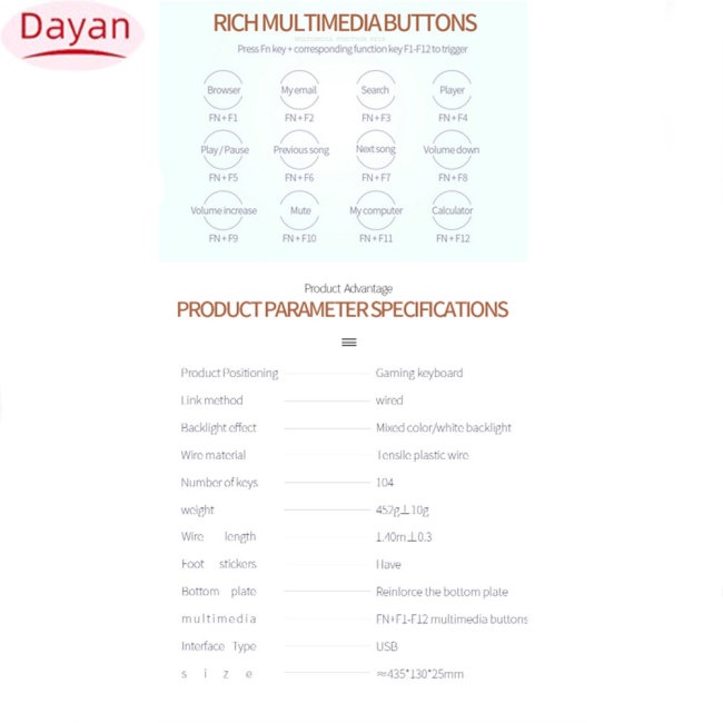 Bàn phím cơ gaming DAYAN K500 104 phím có đèn nền nhiều màu cho máy tính để bàn