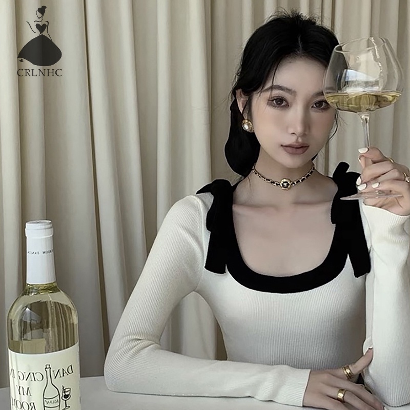 Crlnhc Áo sweater Dệt Kim Cổ Chữ u Thắt Nơ Phối Màu Tương Phản vintage Cho Nữ vn