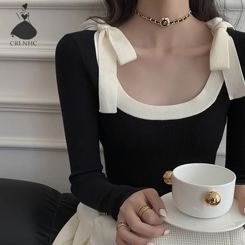 Crlnhc Áo sweater Dệt Kim Cổ Chữ u Thắt Nơ Phối Màu Tương Phản vintage Cho Nữ vn