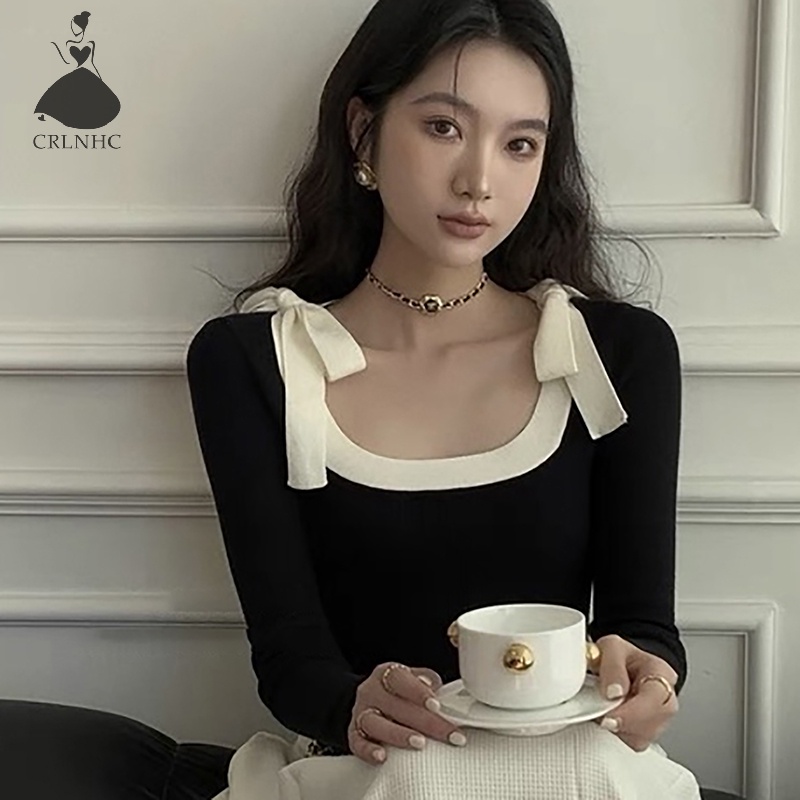 Crlnhc Áo sweater Dệt Kim Cổ Chữ u Thắt Nơ Phối Màu Tương Phản vintage Cho Nữ vn