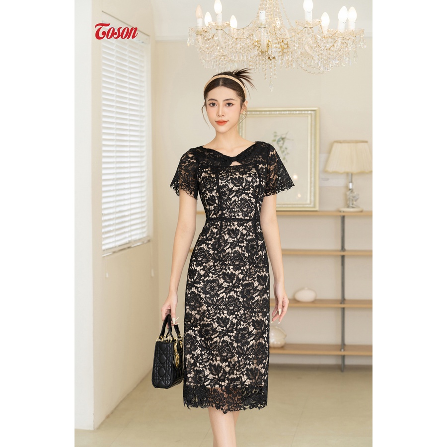 Đầm ren đen dáng suông A, cổ tạo xoắn Limitted 44177B93 Toson