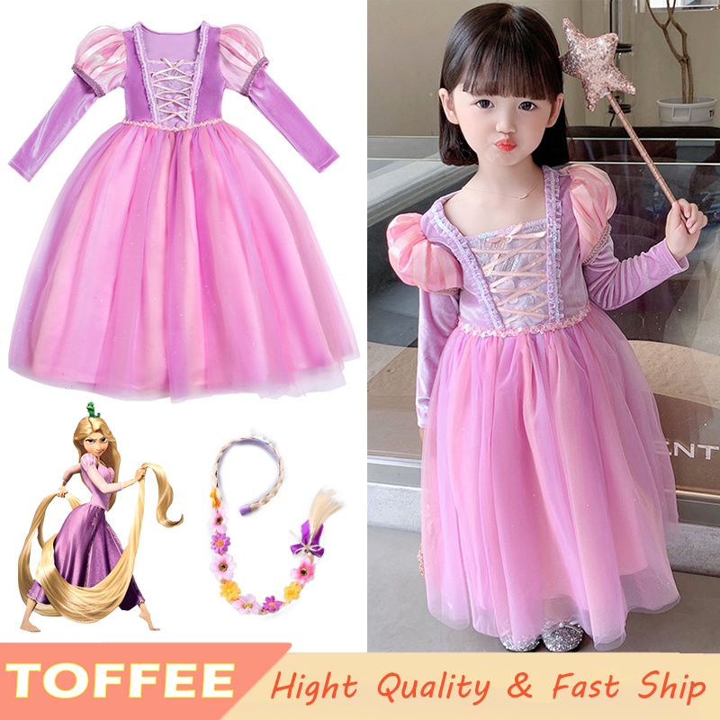 Đầm Công Chúa rapunzel Tím Hồng Tay Dài Thời Trang Thu Đông Cho Bé Gái