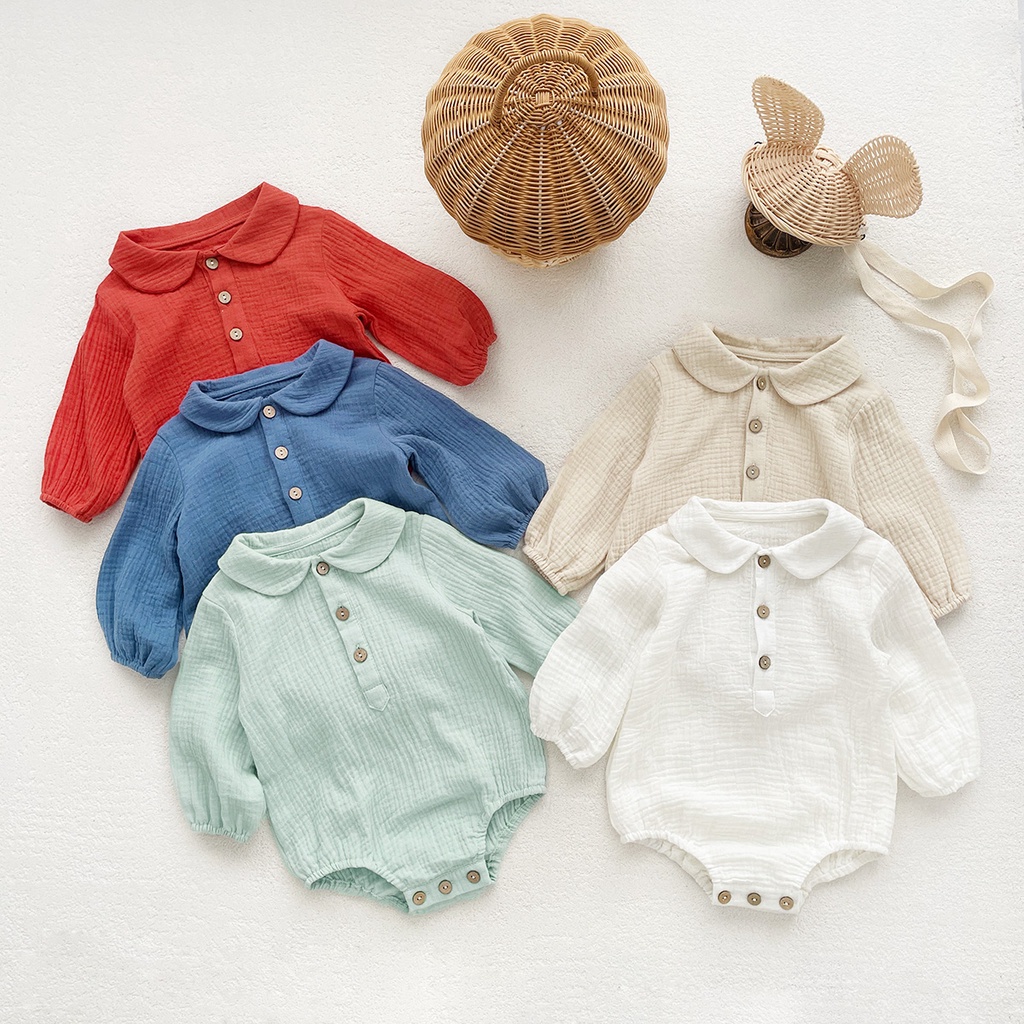Bộ Áo Liền Quần Bằng cotton Tay Dài Màu Trơn Thoải Mái Dành Cho Bé Trai Gái 0-24 Tháng Tuổi