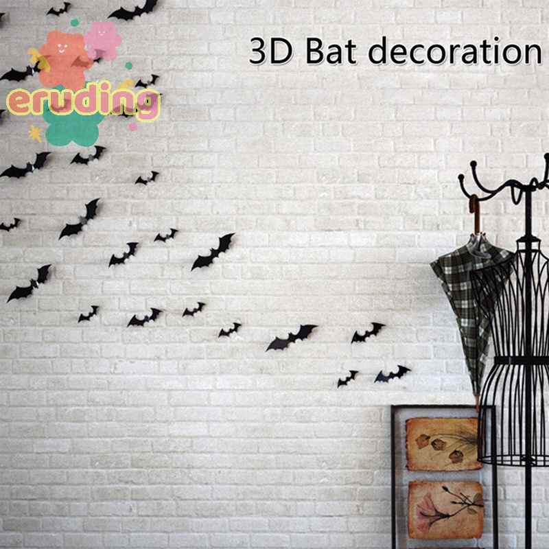 Bộ 12 Miếng Dán Trang Trí halloween Hình Dơi 3d Bằng pvc Màu Đen