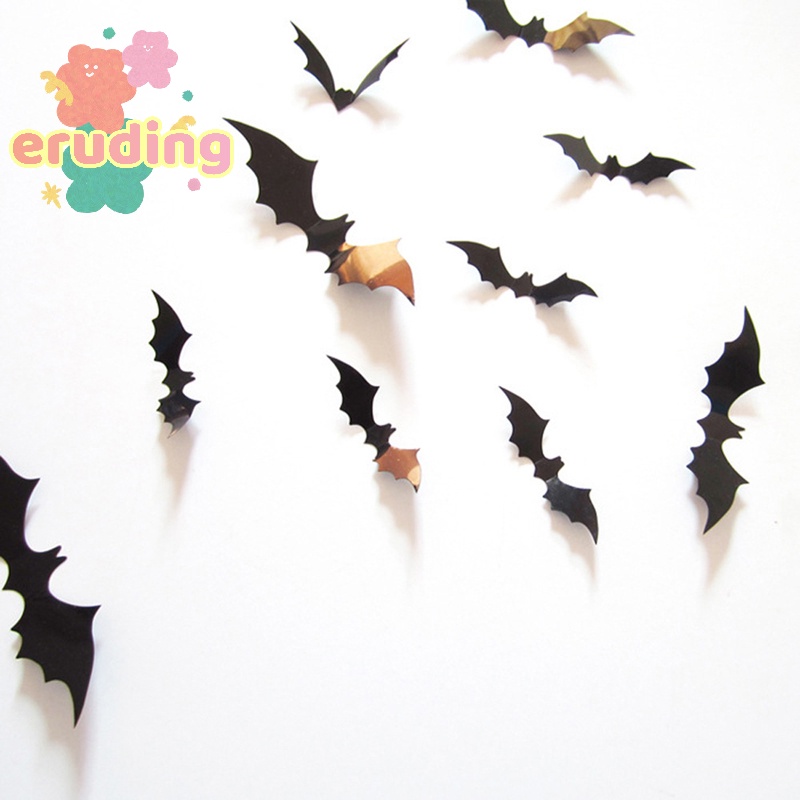 Bộ 12 Miếng Dán Trang Trí halloween Hình Dơi 3d Bằng pvc Màu Đen