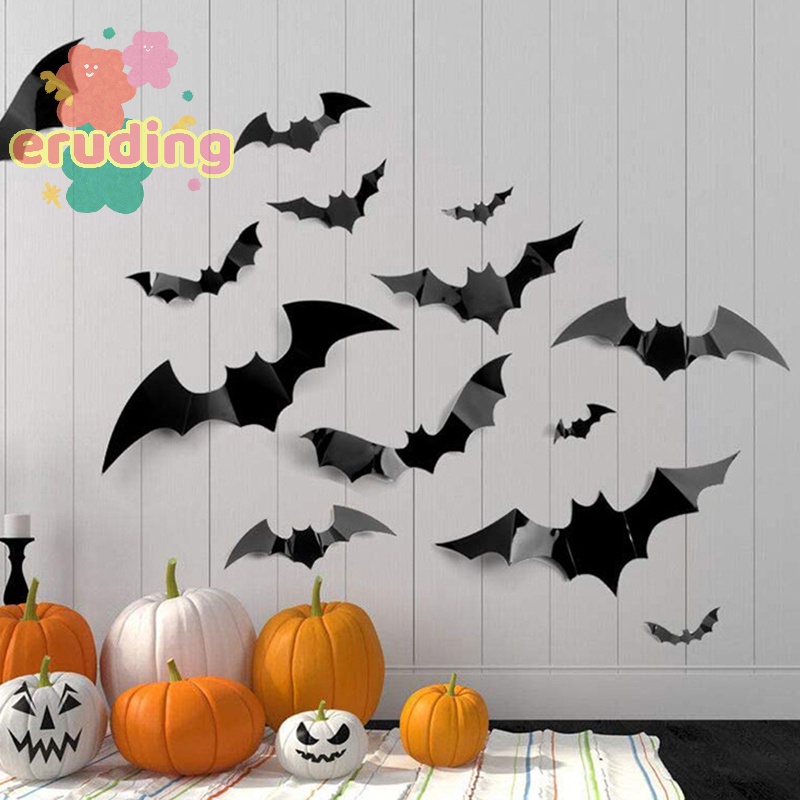 Bộ 12 Miếng Dán Trang Trí halloween Hình Dơi 3d Bằng pvc Màu Đen