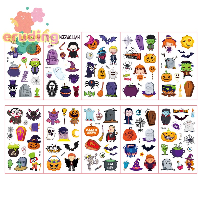 Bộ 10 Hình Xăm Dán Mặt / Cánh Tay / Mặt / Cánh Tay Họa Tiết halloween Vui Nhộn Dành Cho Bé