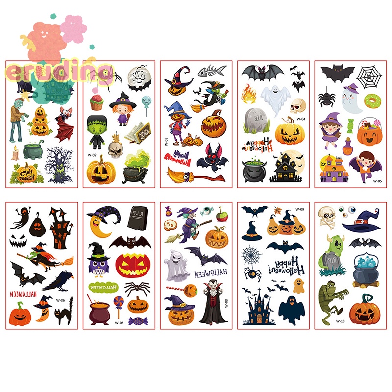 Bộ 10 Hình Xăm Dán Mặt / Cánh Tay / Mặt / Cánh Tay Họa Tiết halloween Vui Nhộn Dành Cho Bé