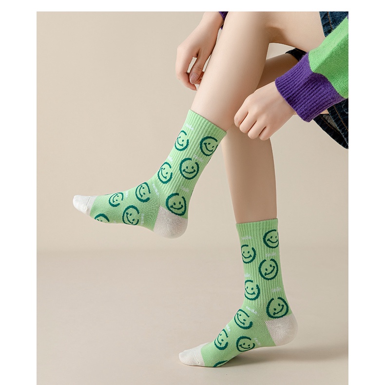 Tất cotton Cổ Cao Thấm Hút Mồ Hôi In Họa Tiết Mặt Cười Phong Cách Đường Phố Thời Trang Xuân Hè Cho Nữ