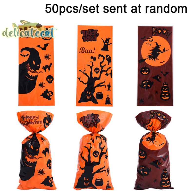 Set 50 Túi Đựng Kẹo halloween 12.5X27.5Cm Có Dây Ruy Băng Trang Trí halloween
