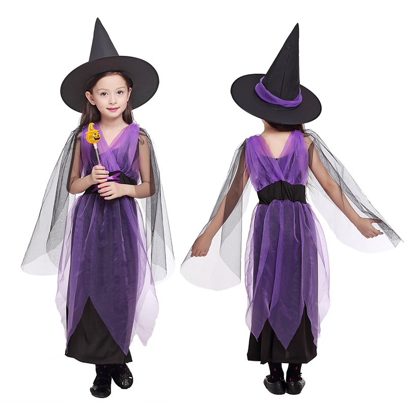 Bcbl Đầm Hóa Trang Phù Thủy Màu Tím Kèm Nón Xinh Xắn Cho Bé Gái Dịp halloween