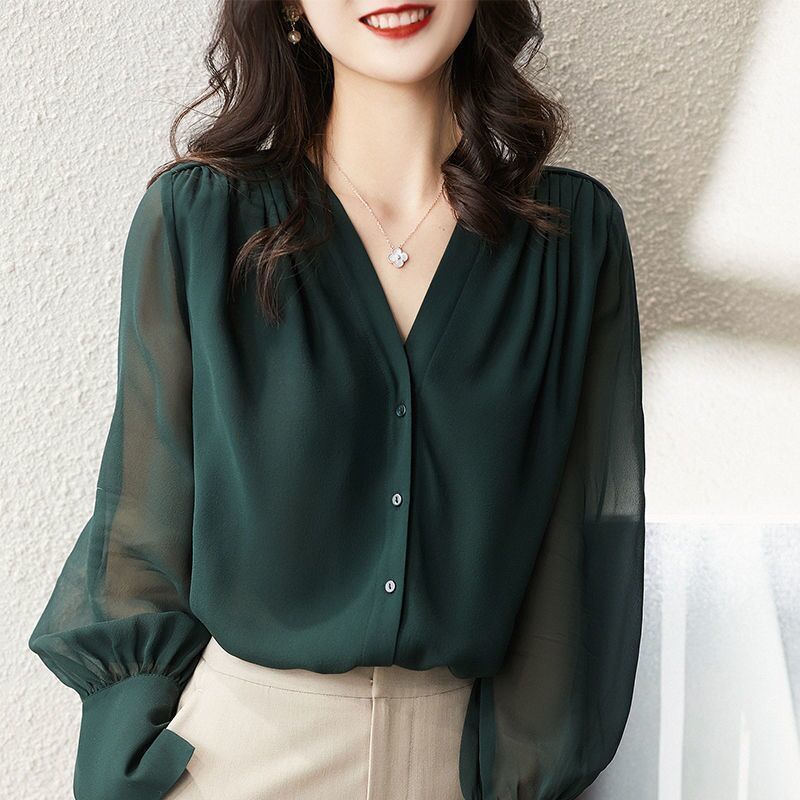 Áo Sơ Mi chiffon Dài Tay Cổ Chữ v Phong Cách Pháp Thời Trang Xuân Thu Mới Cho Nữ
