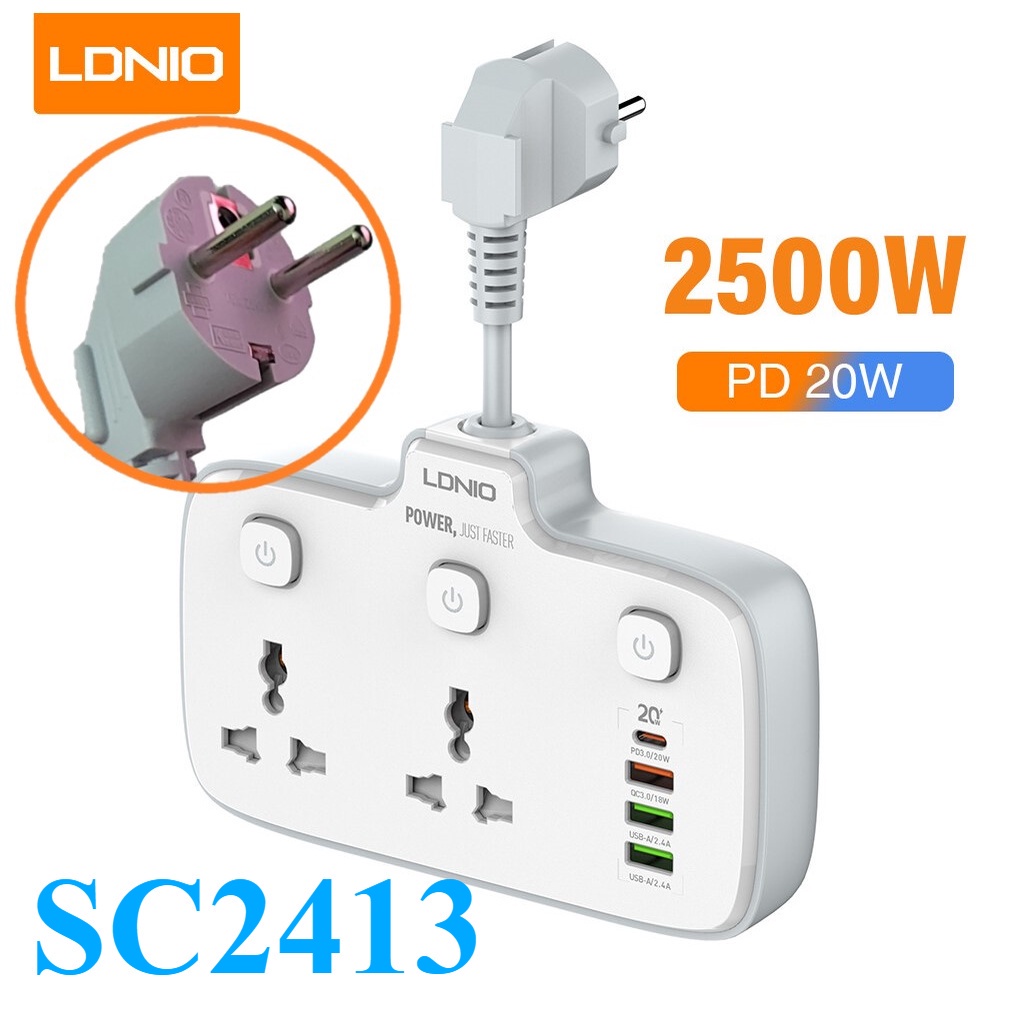 Ổ điện LDNIO  SC5415   nhiều cổng 2500w - Tích hợp Cổng sạc nhanh Type C  PD3.0 20W, QC3.0 SC2413 SC2311 TTSHOP720