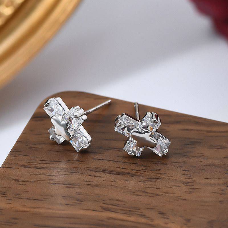 S925 Sterling Silver Stud Earrings Men's Trendy Pu Handsome Personality Men's Cross Hip Hop High Sense Boys Simple Zircon Ears VOiH