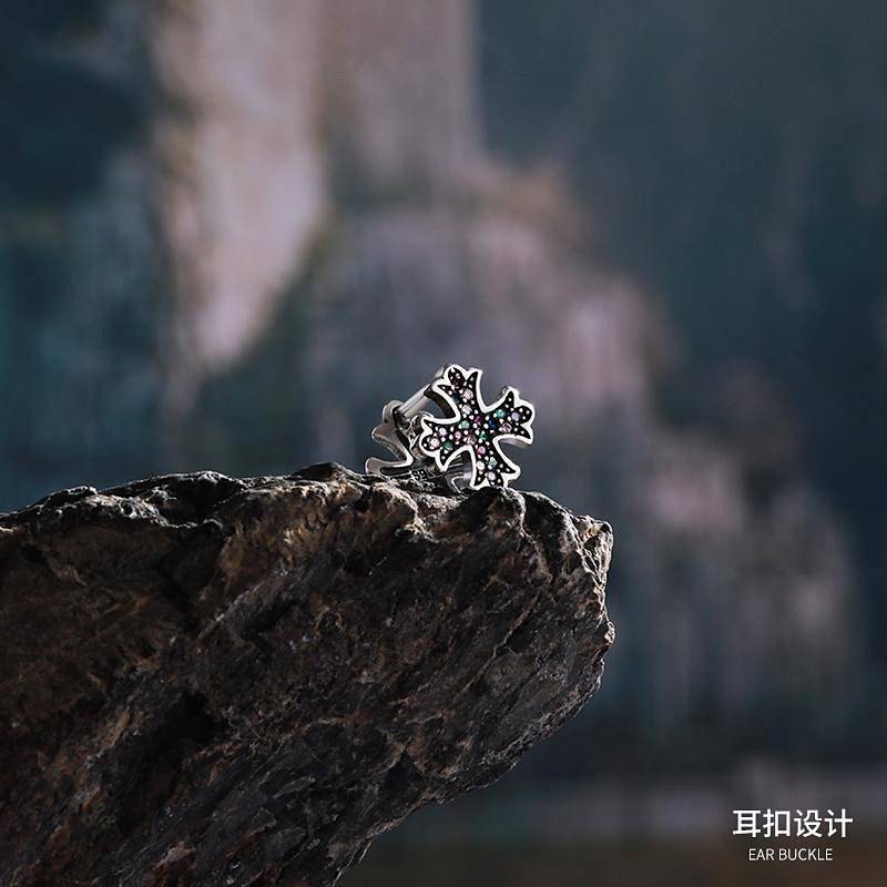 Sterling Silver Earrings Men's High-Grade Colorful Cross Boys Ear Clip Single One Style for Dual-Wear Cold Wind Trendy Men's Earrings Mbix