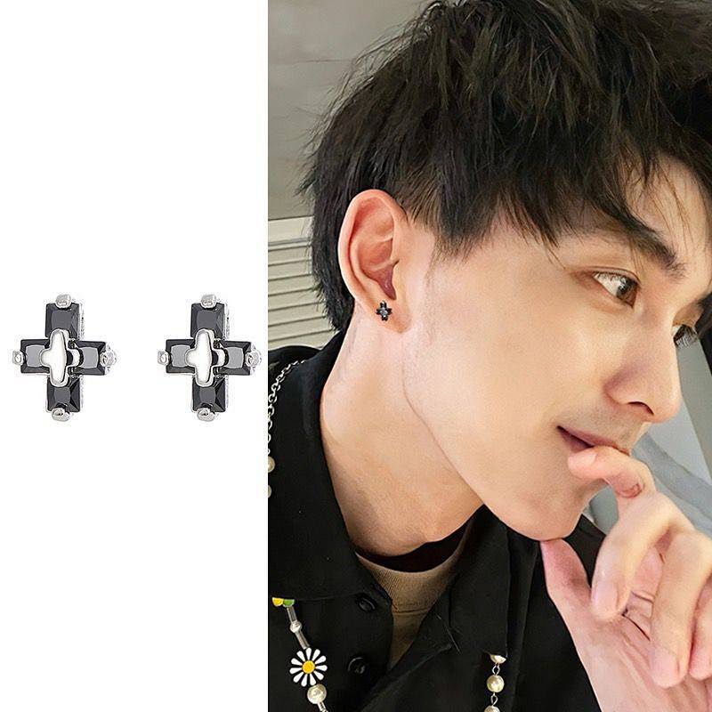 S925 Sterling Silver Stud Earrings Men's Trendy Pu Handsome Personality Men's Cross Hip Hop High Sense Boys Simple Zircon Ears VOiH