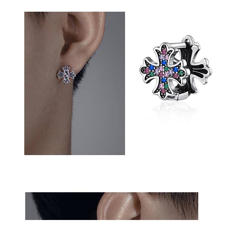 Sterling Silver Earrings Men's High-Grade Colorful Cross Boys Ear Clip Single One Style for Dual-Wear Cold Wind Trendy Men's Earrings Mbix