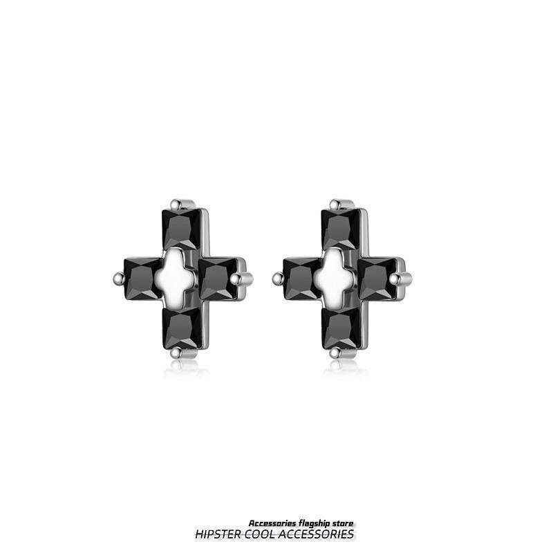 S925 Sterling Silver Stud Earrings Men's Trendy Pu Handsome Personality Men's Cross Hip Hop High Sense Boys Simple Zircon Ears VOiH
