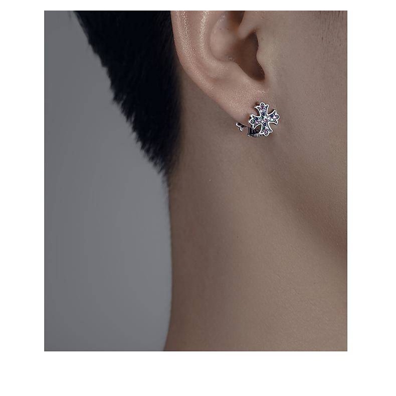 Sterling Silver Earrings Men's High-Grade Colorful Cross Boys Ear Clip Single One Style for Dual-Wear Cold Wind Trendy Men's Earrings Mbix