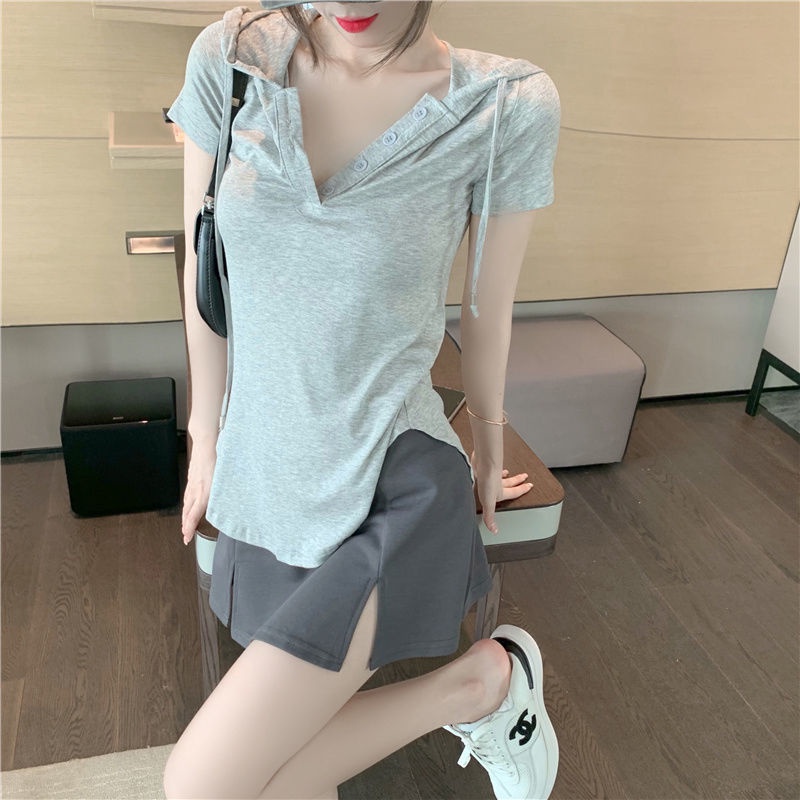 Áo Thun Ngắn Tay Có Mũ Trùm Và Quần short Lưng Cao Cài Nút Thời Trang Mùa Hè Đơn Giản Phong Cách Hàn Quốc Cho Nữ