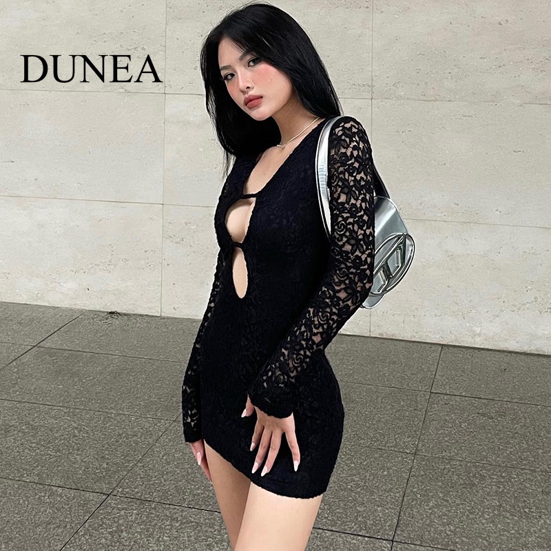 DUNEA Đầm Nữ Tay Dài Phối Ren Thời Trang Quyến Rũ