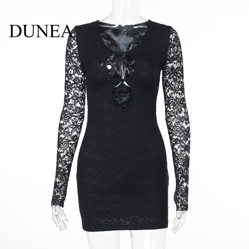 DUNEA Đầm Nữ Tay Dài Phối Ren Thời Trang Quyến Rũ