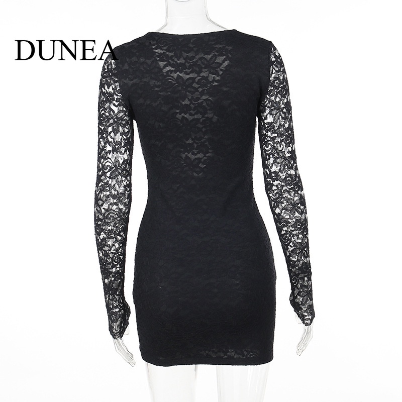 DUNEA Đầm Nữ Tay Dài Phối Ren Thời Trang Quyến Rũ