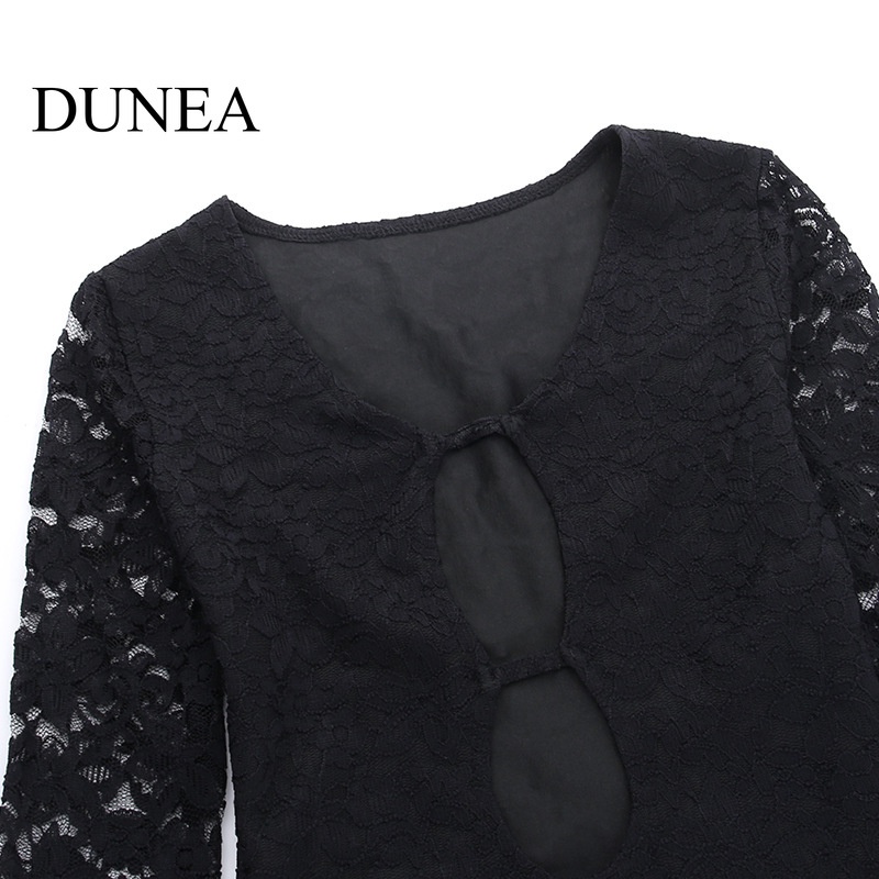 DUNEA Đầm Nữ Tay Dài Phối Ren Thời Trang Quyến Rũ