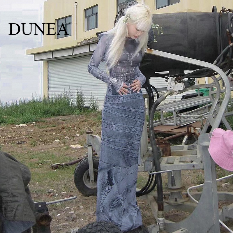 DUNEA Đầm Lửng Vải Denim Phối Lưới In Họa Tiết Gợi Cảm Cho Nữ