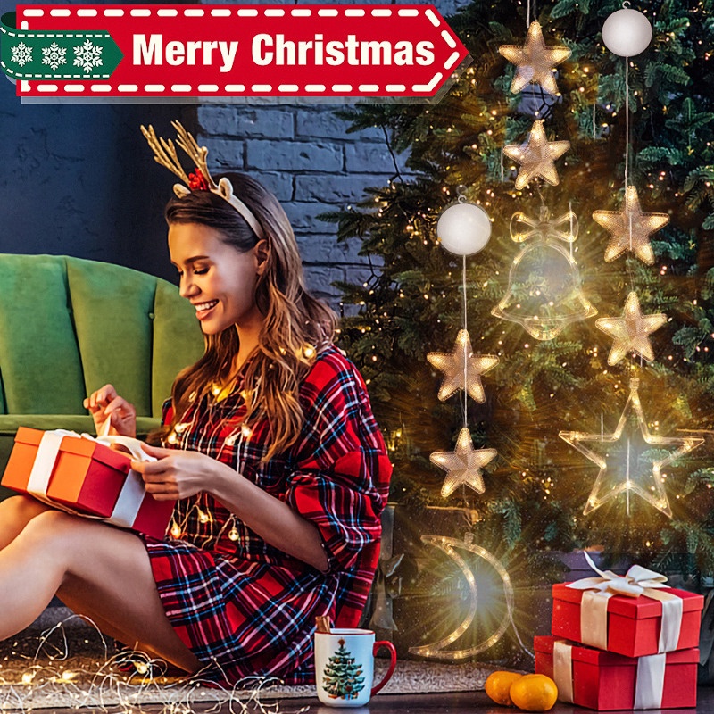 Đèn led Hình Ngôi Sao / Bông Tuyết / Ông Già Noel Có Móc Treo Trang Trí Cửa Sổ