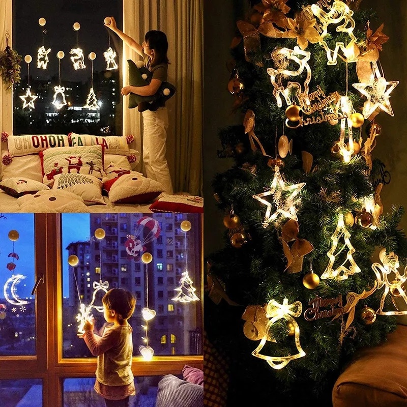 Đèn led Hình Ngôi Sao / Bông Tuyết / Ông Già Noel Có Móc Treo Trang Trí Cửa Sổ